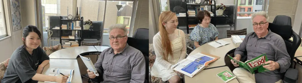 水戸市の英語・フランス語・中国語・韓国語の語学教室で外国人講師と生徒が楽しく英会話を練習している無料体験レッスンの様子です。教材を開きながら英語・フランス語の会話練習を行っている体験授業の風景です。