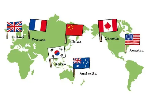 世界各国の国旗で多言語対応を表現した地図イラストです。
